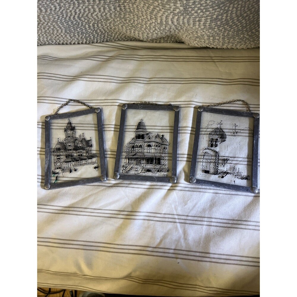 Lot Of 3 W. BERRIE, Ink Art on Glass Framed Victorian House 1977 Small Art 4x3